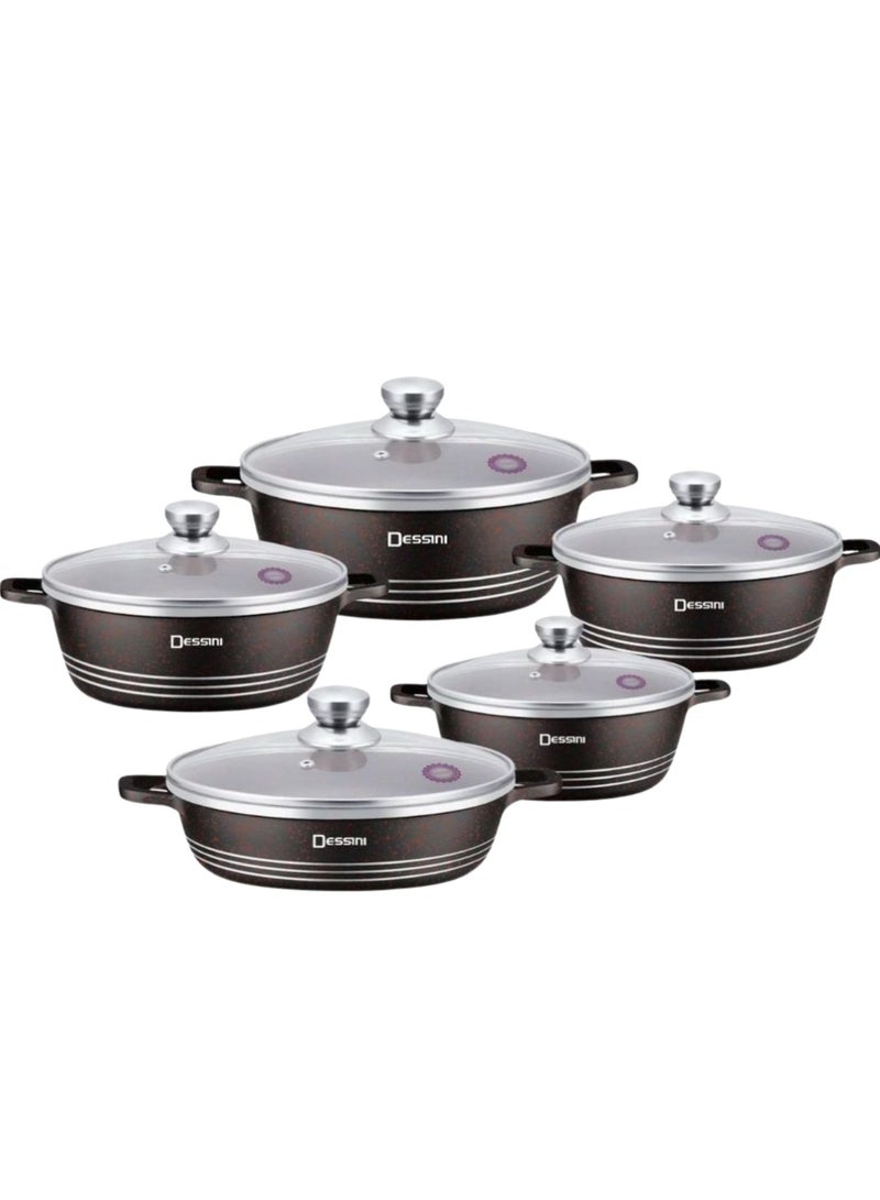 DESSINI 10 pieces Granite Non Stick Cookware Set with Glass Lid Black/Red/Clear - Image 1